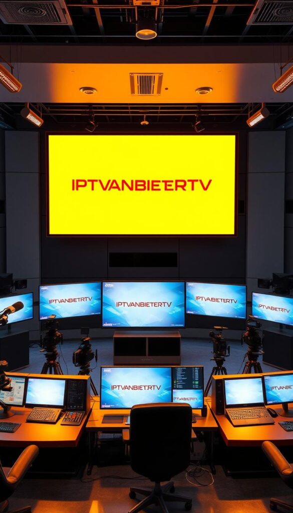 A modern and sleek digital television studio with cutting-edge equipment. The IPTVANBIETERTV brand logo is prominently displayed on a large LED screen, casting a warm glow across the spacious room. High-end cameras, mixing consoles, and video monitors line the perimeter, hinting at the advanced technology powering the IPTV service. Warm task lighting illuminates the workspace, creating a professional and efficient atmosphere. The overall scene conveys a sense of expertise, reliability, and technological sophistication associated with the leading IPTV provider in Germany.