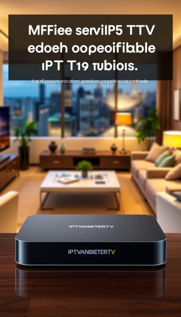 A modern and sleek electronic device showcasing attractive price plans for a premium IPTV service provider called "IPTVANBIETERTV". The device is positioned in the foreground, with a clean and minimalist design, highlighting the company's brand name. The middle ground features a warm and inviting living room setting, with comfortable furnishings and soft lighting, suggesting the cozy atmosphere of enjoying IPTV content at home. The background depicts a city skyline, hinting at the wide range of channels and international content available through the service. The overall scene conveys a sense of affordability, convenience, and the luxurious experience of accessing a comprehensive IPTV offering.