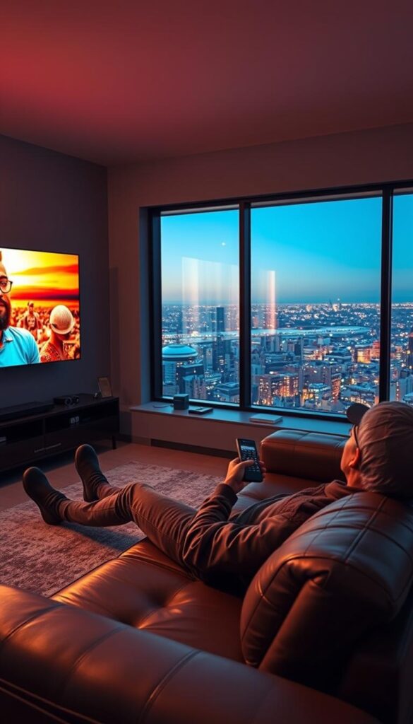 A modern and sleek high-tech living room with a large 4K OLED television mounted on the wall. The room is bathed in soft, warm lighting, creating a cozy and inviting atmosphere. In the foreground, a person is lounging comfortably on a plush leather sofa, remote control in hand, enjoying the crystal-clear picture and immersive sound of the IPTVANBIETERTV service. The middle ground features a minimalist entertainment center with various media devices, while the background showcases a panoramic window overlooking a vibrant cityscape, emphasizing the convenience and versatility of IPTV technology.