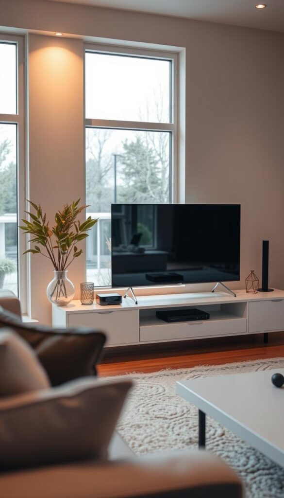 A modern and sleek home entertainment setup featuring an IPTVANBIETERTV device, neatly integrated into a well-designed living room. Soft, warm lighting illuminates the scene, creating a cozy and inviting atmosphere. The IPTVANBIETERTV device is prominently displayed on a clean, minimalist TV stand, surrounded by carefully curated decor elements that complement the overall aesthetic. The room's large windows allow natural light to flow in, accentuating the high-quality materials and finishes. The entire setup conveys a sense of effortless sophistication, perfectly suited for an article on IPTV installation in Hamburg.