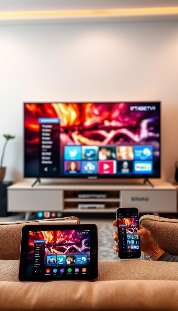 A modern and sleek home entertainment setup with multiple devices seamlessly connected through IPTVANBIETERTV. In the foreground, a state-of-the-art smart TV displays a vibrant, high-definition IPTV interface. Beside it, a tablet and smartphone effortlessly mirror the content, showcasing the flexibility of IPTVANBIETERTV's multidevice support. The mid-ground features a stylish media center unit housing various streaming devices, all integrated with the IPTV system. Warm, indirect lighting creates a cozy ambiance, while a minimalist, contemporary decor style sets the tone. The background blurs into a clean, airy space, emphasizing the harmonious integration of technology and living environment.