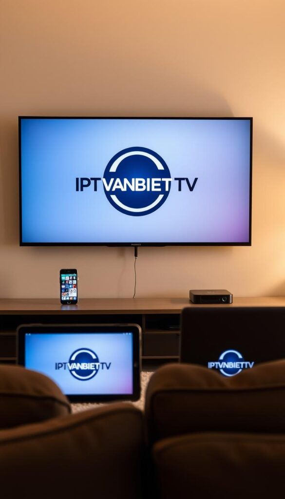 A modern and sleek home entertainment setup with the IPTVANBIETERTV logo prominently displayed. The scene features various digital devices - a smart TV, a tablet, a smartphone, and a laptop - seamlessly connected and synced, allowing the user to access their favorite IPTV content on multiple screens. The lighting is soft and warm, creating a cozy and inviting atmosphere. The composition emphasizes the flexibility and convenience of the multidevice support, with the devices arranged in a visually appealing way. The background is minimalist, allowing the devices to take center stage and showcase the versatility of the IPTV service.