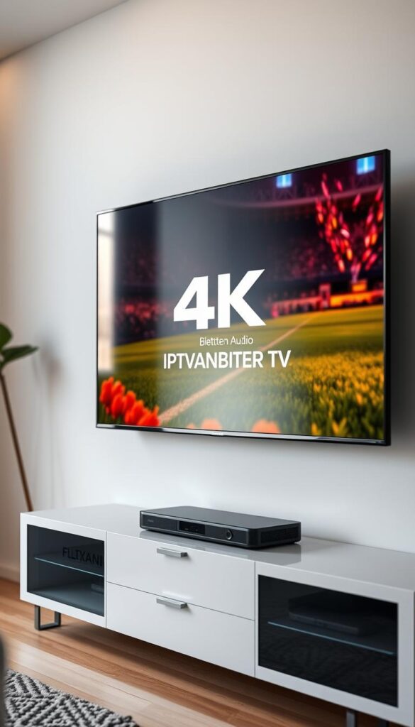 A modern and sleek home entertainment system displaying high-quality 4K video and audio with vibrant colors and sharp details. The screen is mounted on a minimalist wall unit, with the IPTVANBIETERTV logo prominently displayed. The lighting is soft and diffused, creating a warm and inviting atmosphere. The camera angle is slightly elevated, giving a sense of depth and perspective. The overall scene conveys a sense of technological sophistication and reliable performance, perfectly suited for the "Streaming-Qualität und technische Anforderungen" section of the article.