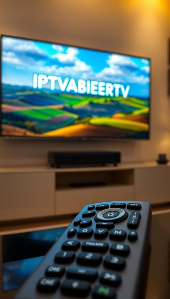 A modern and sleek home entertainment system showcases the IPTVANBIETERTV logo prominently on a high-resolution display. The screen depicts a lush, vibrant landscape with a rolling countryside in the background, hinting at the vast content library available through the IPTV service. In the foreground, a sophisticated remote control with intuitive controls invites the user to effortlessly navigate the IPTV interface. The lighting is soft and warm, creating a cozy, immersive atmosphere perfect for enjoying a seamless streaming experience without the worry of legal issues.