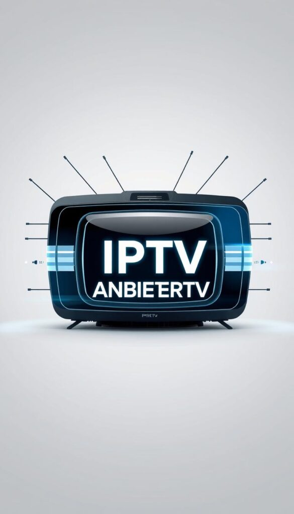 A modern and sleek illustration depicting the legal aspects of IPTV usage in Germany. Set against a minimalist background, the focal point is a stylized, futuristic device displaying the brand name "IPTVANBIETERTV" in a bold, clean font. Surrounding the device are dynamic geometric shapes and lines, conveying a sense of technology and regulation. The lighting is soft and diffused, creating a professional, authoritative atmosphere. The overall composition is balanced and visually compelling, perfectly suited to accompany the article's section on the legal considerations of IPTV in Germany.