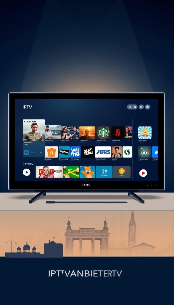 A modern and sleek illustration of "IPTV Deutschland", showcasing the IPTVANBIETERTV brand. In the foreground, a stylized TV screen displays a diverse selection of streaming content, reflecting the wide range of entertainment options available through IPTV in Germany. The middle ground features a clean, minimalist interface with intuitive controls and user-friendly navigation, emphasizing the ease of use and accessibility of the IPTV platform. In the background, a subtle cityscape of Germany's iconic landmarks, such as the Brandenburg Gate or the Cologne Cathedral, creates a sense of national pride and the integration of IPTV technology within the German landscape. The overall scene is bathed in a soft, warm lighting, conveying a welcoming and inviting atmosphere for the modern IPTV consumer in Deutschland.