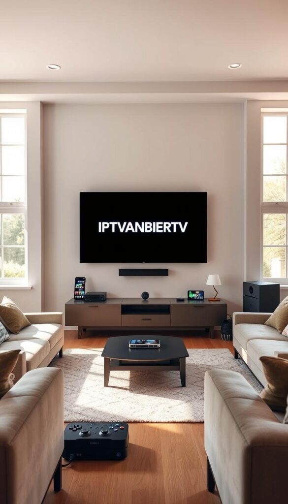 A modern and sleek living room, bathed in warm, natural lighting from large windows. On the walls, a flat-screen television displays the IPTVANBIETERTV logo, surrounded by various electronic devices like smartphones, tablets, and gaming consoles, all connected and sharing content seamlessly. The room is decorated with minimalist, Scandinavian-inspired furniture, creating a harmonious and inviting atmosphere. The overall scene conveys the idea of IPTV's multi-device capabilities, allowing users to enjoy their favorite content on any screen in their home, effortlessly.