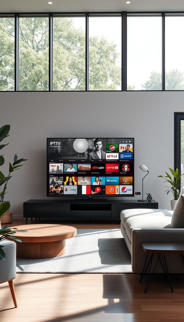 A modern and sleek living room, flooded with natural light from large windows. In the center, a state-of-the-art IPTVANBIETERTV smart TV displays crisp, high-definition German channels. The room is tastefully decorated with minimalist furniture, plants, and subtle accent lighting, creating a cozy and inviting atmosphere. The TV's interface showcases a wide selection of local and international IPTV content, reflecting the diverse viewing options available to German households. The scene conveys the convenience and accessibility of the IPTV experience, seamlessly integrated into the comfort of a contemporary domestic setting.