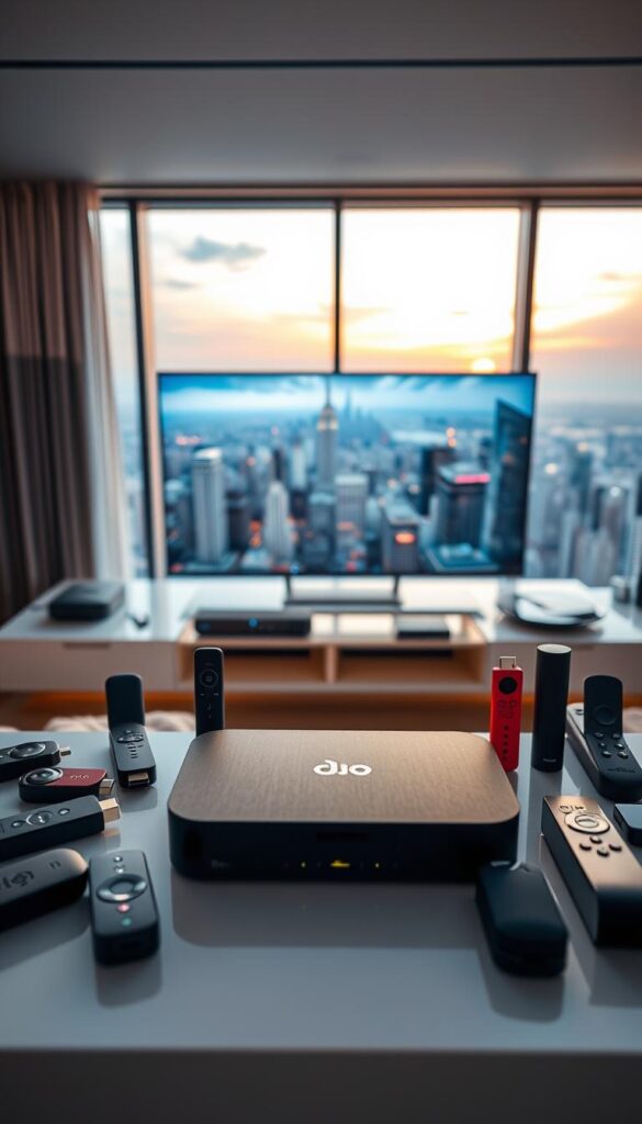 A modern and sleek living room, showcasing an array of streaming devices prominently displayed on a minimalist TV stand. In the foreground, a state-of-the-art IPTVANBIETERTV set-top box takes center stage, its smooth, matte black exterior accentuated by subtle ambient lighting. Surrounding it, a selection of popular streaming sticks and dongles in various colors and designs, each one a testament to the versatility of modern home entertainment. The middle ground features a large, high-definition television, its screen reflecting the warm, inviting glow of the devices. In the background, a panoramic window offers a glimpse of a vibrant cityscape, bathed in the soft, golden hues of the setting sun, creating a serene and sophisticated atmosphere.