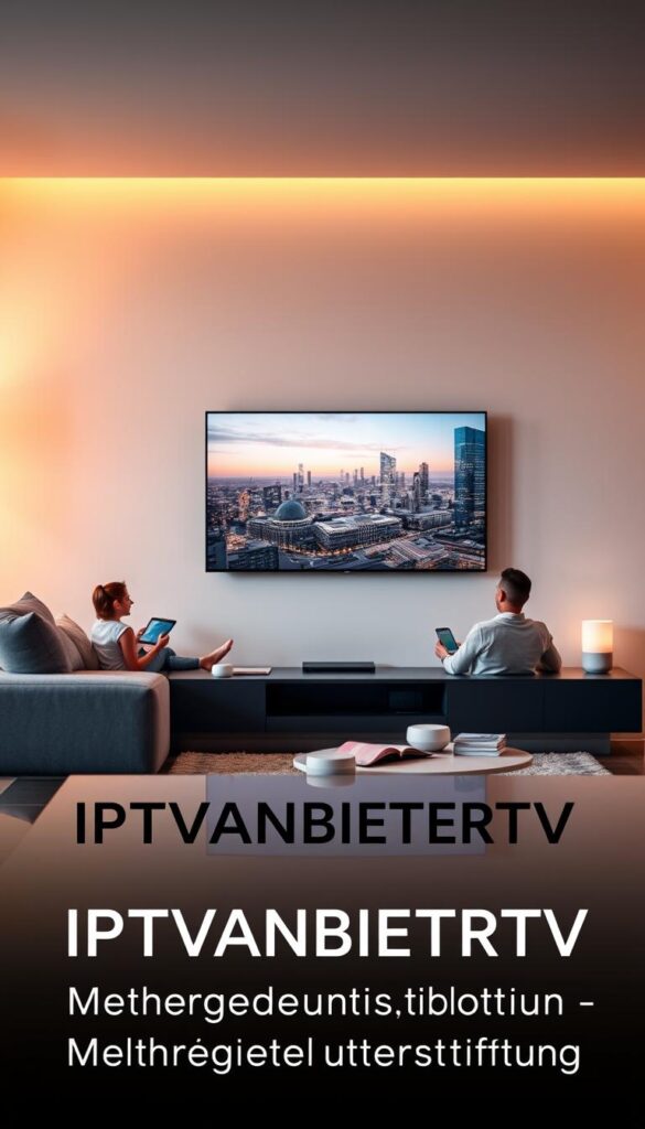 A modern and sleek living room with a large 4K OLED TV mounted on the wall, surrounded by a variety of smart devices like a tablet, smartphone, and voice assistant. The room is bathed in warm, diffused lighting, creating a cozy and inviting atmosphere. In the foreground, the IPTVANBIETERTV logo is prominently displayed, reflecting the flexible and seamless multi-device experience. The middle ground features a family relaxing and enjoying content on their various screens, highlighting the "Mehrgeräteunterstützung" (multi-device support) capability. The background showcases a contemporary urban skyline, emphasizing the modern and technologically advanced nature of the IPTV service.