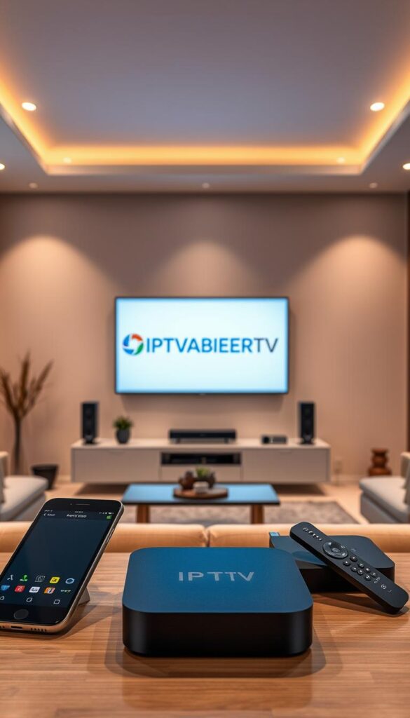 A modern and sleek living room with a large TV displaying the IPTVANBIETERTV logo. The room is bathed in warm, diffused lighting from recessed ceiling fixtures, creating a cozy atmosphere. In the foreground, a variety of digital devices such as a smartphone, tablet, and streaming box are neatly arranged, showcasing the versatility of the IPTV service across multiple platforms. The middle ground features a comfortable sofa and coffee table, suggesting a relaxed viewing experience. The background depicts a wall-mounted entertainment system, hinting at the seamless integration of IPTV with home theater setups. The overall composition emphasizes the convenience and flexibility of IPTV, allowing users to enjoy the service on a wide range of devices in their living space.