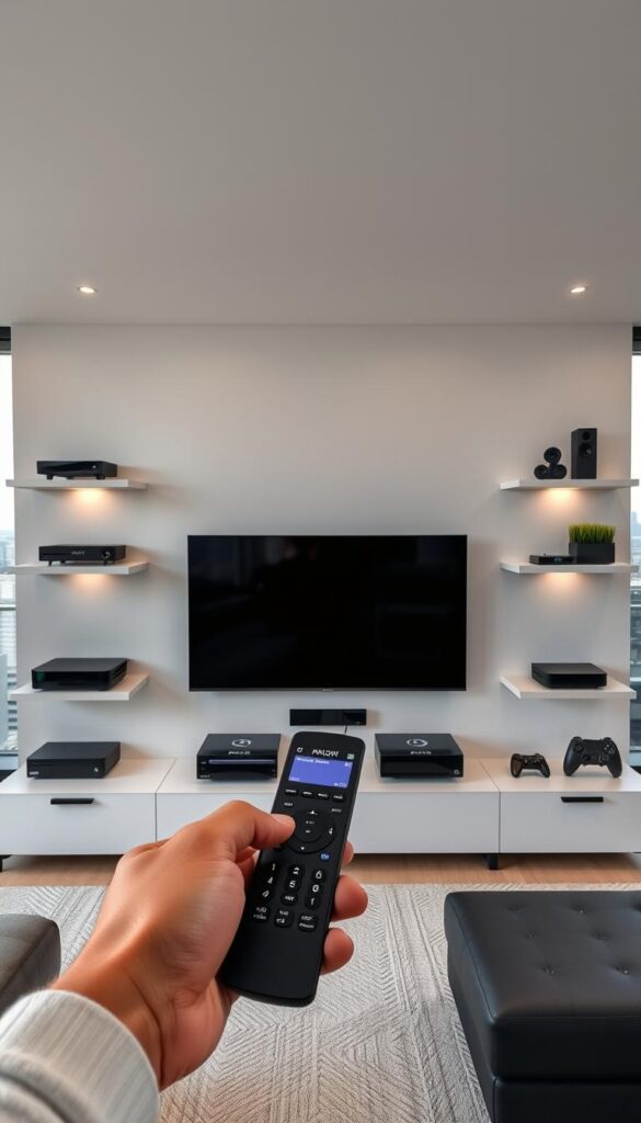 A modern and sleek multi-device home entertainment setup. The centerpiece is a large 4K OLED TV mounted on the wall, surrounded by a minimalist entertainment center. Floating shelves display various streaming devices like a IPTVANBIETERTV box, gaming console, and smart home hubs. Soft ambient lighting creates a cozy atmosphere. In the foreground, a person's hands holds a universal remote, seamlessly controlling all connected devices. The background features large windows overlooking a city skyline, suggesting the flexibility to enjoy content anywhere. The composition highlights the convenience and versatility of a fully integrated smart home media system.
