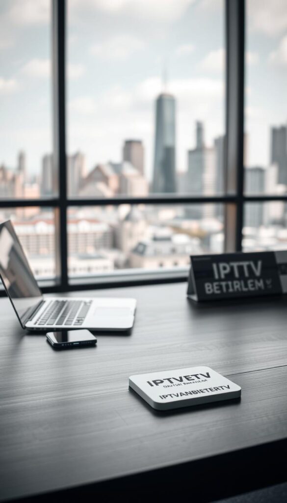 A modern and sleek office desk with a laptop, a smartphone, and a coaster displaying the brand name "IPTVANBIETERTV". The desk is made of dark wood and has a minimalist design. The background features a blurred city skyline through a large window, creating a professional and sophisticated atmosphere. The lighting is soft and diffused, with subtle shadows accentuating the lines and textures of the objects. The overall mood is one of efficiency, reliability, and security, conveying the idea of a trustworthy IPTV provider in Deutschland.