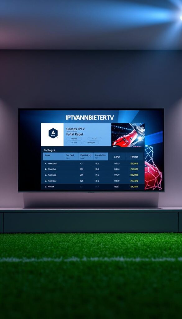 A modern and sleek presentation of a high-quality "günstiges IPTV Fußball-Paket" offered by IPTVANBIETERTV. The image depicts a well-designed user interface showcasing the package details, featuring a clean layout with a prominent display of the "IPTVANBIETERTV" brand name. The composition is balanced, with the package information taking center stage, surrounded by soft lighting and a subtle gradient background that conveys a sense of professionalism and premium quality. The overall mood is one of affordability, convenience, and the excitement of watching live football matches.