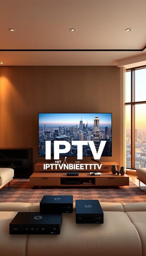 A modern and sleek rendering of the benefits of IPTV, showcasing a high-tech living room setting with a large, ultra-high-definition television screen as the centerpiece. The scene is lit by warm, diffused lighting, casting a cozy and inviting atmosphere. In the foreground, a stylized IPTVANBIETERTV logo hovers, suggesting the advanced technology powering the IPTV experience. The middle ground features various entertainment devices, such as streaming boxes and gaming consoles, seamlessly integrated into the setup. In the background, a panoramic view of a vibrant city skyline is visible through large windows, emphasizing the boundless content and connectivity offered by IPTV. The overall composition conveys the convenience, flexibility, and enhanced viewing experience of IPTV compared to traditional television services.