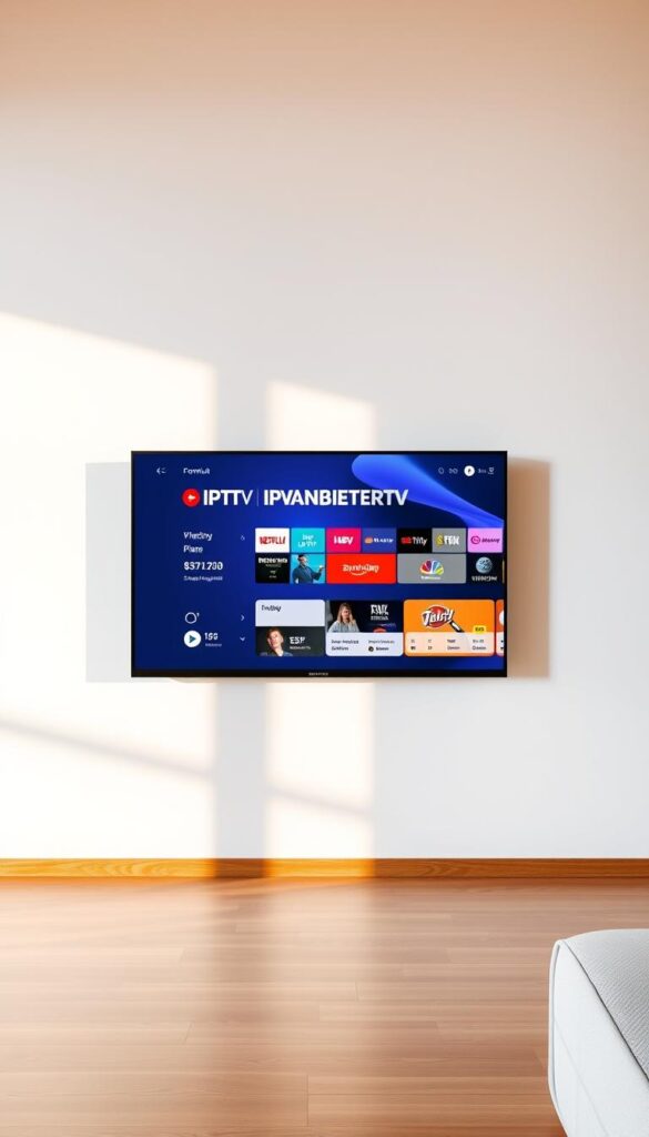 A modern and sleek smart TV display showcasing the IPTVANBIETERTV brand logo and interface. The screen is set against a minimal, clean background with subtle gradients and textures, creating a sophisticated and premium atmosphere. The UI elements are well-designed, intuitive, and responsive, highlighting the attractive pricing plans and subscription options. Soft, directional lighting from the side casts gentle shadows, accentuating the depth and dimensionality of the screen. The overall composition is balanced, with the TV taking center stage and the background elements providing subtle visual interest without distracting from the main focus.