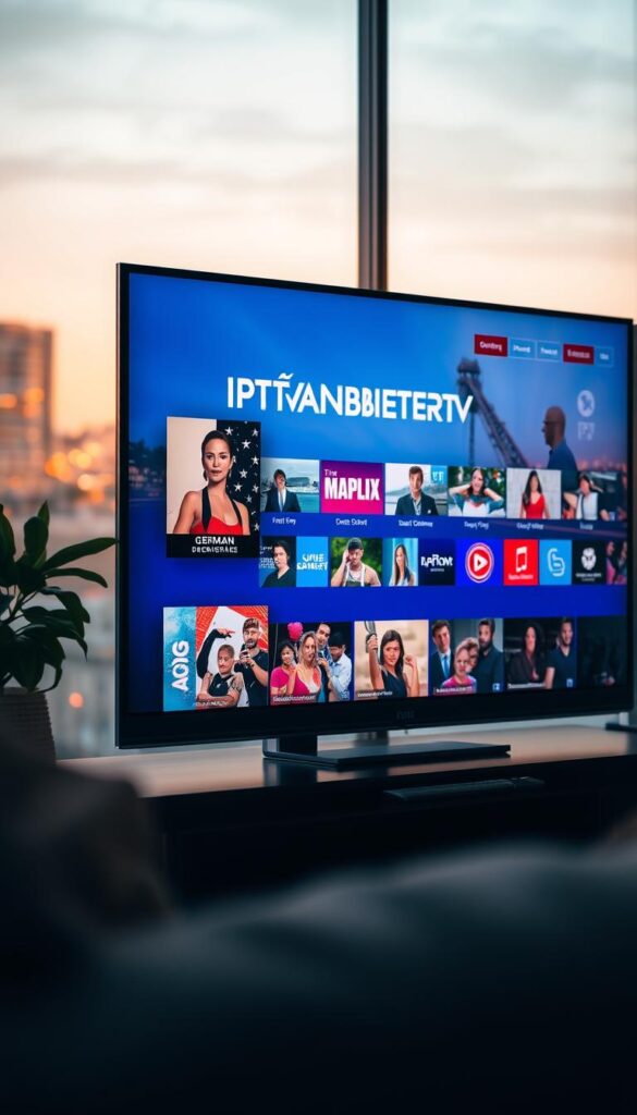 A modern and sleek television displaying a vibrant user interface showcasing various German TV series, with the IPTVANBIETERTV brand prominently featured. The screen is illuminated by soft, warm lighting, creating a cozy and inviting atmosphere. The background features a blurred cityscape, hinting at the urban setting and the availability of IPTV services in urban areas. The composition is balanced, with the television taking up the central focus, surrounded by subtle details that enhance the overall aesthetic. The image conveys the convenience and accessibility of IPTV for enjoying German television content across multiple devices.