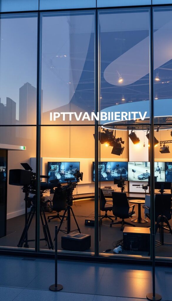 A modern and sleek television studio in Munich, Germany. The exterior features a glass facade with minimalist architecture, reflecting the skyline of the city. Inside, the studio is filled with state-of-the-art equipment, including multiple cameras, lighting rigs, and a large video wall. The lighting is a combination of natural daylight and precisely-controlled artificial illumination, creating a warm, professional atmosphere. The IPTVANBIETERTV logo is prominently displayed, indicating this is the headquarters of a leading IPTV provider in the region. The overall scene conveys a sense of technological sophistication and a commitment to delivering high-quality content to viewers.