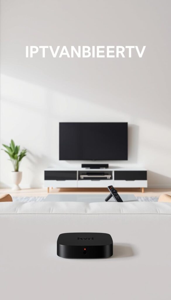 A modern and sleek user interface showcasing the IPTVANBIETERTV brand. A minimalist design with a clean and crisp aesthetic, featuring a central hero image of a living room setup with a smart TV, streaming device, and remote control. The foreground should convey a sense of simplicity and ease of use, while the background incorporates subtle textural elements and a muted color palette to create a premium, high-quality feel. Lighting should be soft and diffused, with a warm, inviting tone. The overall composition should convey a sense of trust, reliability, and professionalism associated with the leading IPTV provider in Germany.