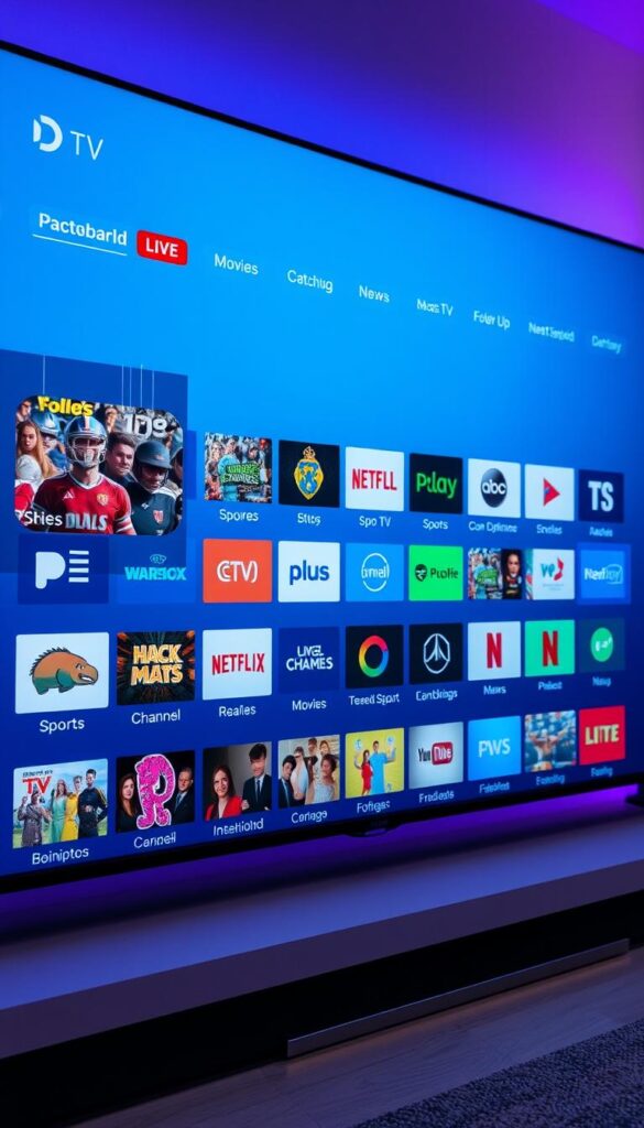 A modern and sleek user interface showcasing the comprehensive IPTV programmangebot from IPTVANBIETERTV. The display features high-definition channel icons neatly arranged in a grid, with clear categorization for sports, movies, news, and more. The layout is clean and intuitive, allowing seamless navigation through the vast selection of live TV, catch-up, and on-demand content. Soft lighting illuminates the screen, creating a premium and inviting atmosphere. The overall design conveys the depth and quality of IPTVANBIETERTV's offering, highlighting its position as a leading IPTV provider in Germany.