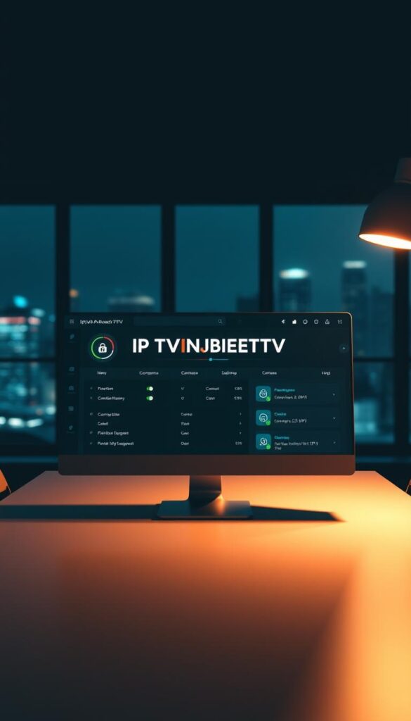 A modern and sleek virtual private network (VPN) interface, with a prominent "IPTVANBIETERTV" logo prominently displayed in the center. The scene is set in a dimly lit, minimalist office environment, with subtle ambient lighting illuminating the workspace. The VPN interface features a clean, intuitive dashboard with various connection status indicators and settings controls. In the background, there is a blurred cityscape visible through large windows, creating a sense of urban sophistication. The overall mood is one of technological prowess, security, and reliable IPTV service.