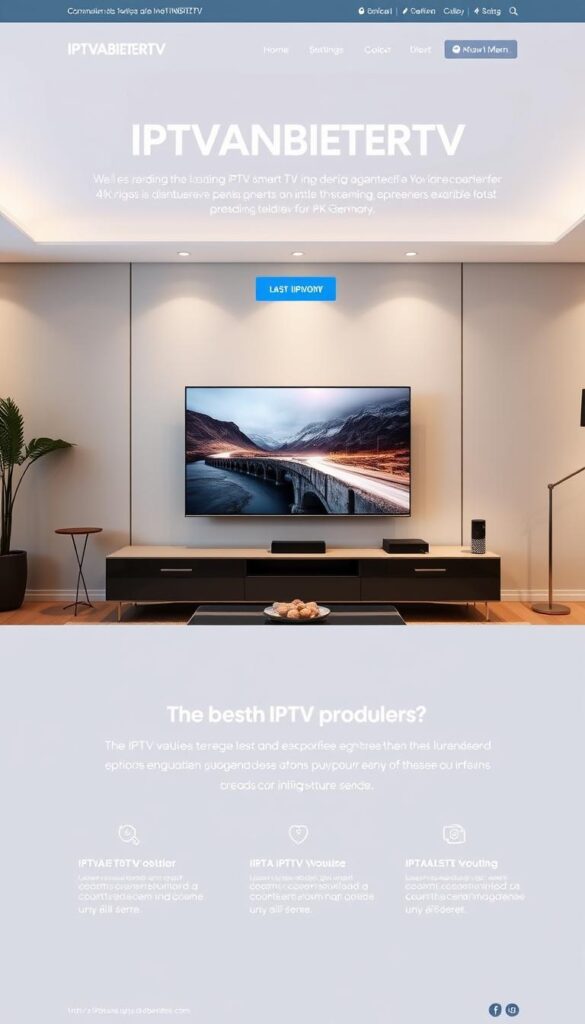 A modern and sleek website interface showcasing the IPTVANBIETERTV brand prominently. The layout features a large hero image of a living room setup with a high-quality 4K smart TV, surrounded by a minimalist and clean design. The website's navigation menu and key information are presented in a visually appealing and easy-to-digest manner. The overall tone is professional, trustworthy, and emphasizes the company's position as the leading IPTV provider in Germany, catering to discerning customers seeking the best 4K streaming experience. Soft lighting accentuates the premium, high-tech atmosphere, with subtle reflections on the TV screen and elegant furnishings. The composition strikes a balance between showcasing the brand and highlighting the superior IPTV service offering.