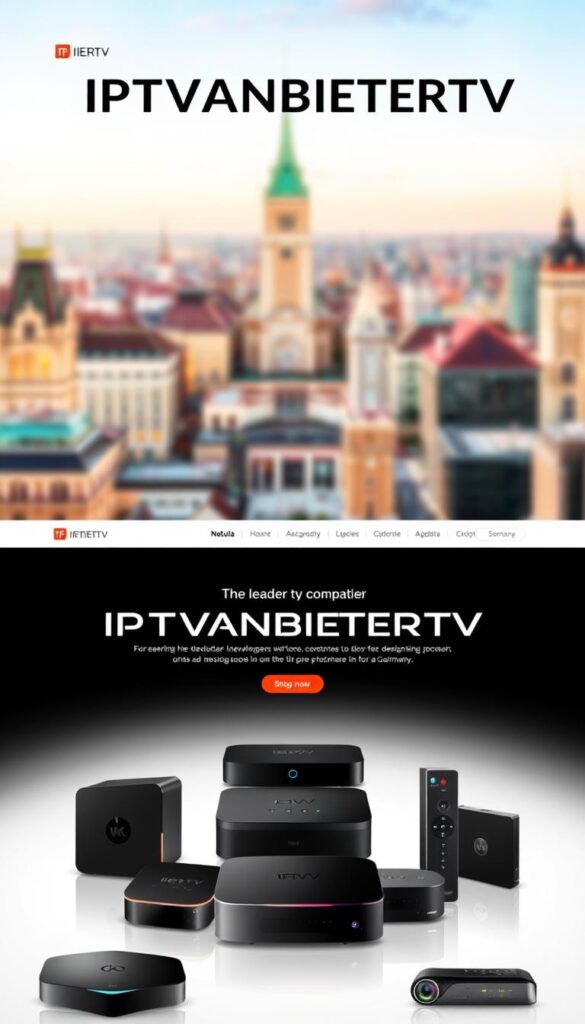 A modern and sleek website interface showcasing the IPTVANBIETERTV brand, the leading IPTV provider in Germany. The foreground features a clean and minimalist design with a prominent logo, intuitive navigation menu, and high-quality product images. The middle ground showcases an array of various streaming devices compatible with the IPTV service, presented in a visually appealing manner. The background depicts a blurred cityscape of a vibrant German metropolis, evoking a sense of connectivity and technology. The overall scene conveys a professional, trustworthy, and user-friendly experience for IPTV customers in Germany.