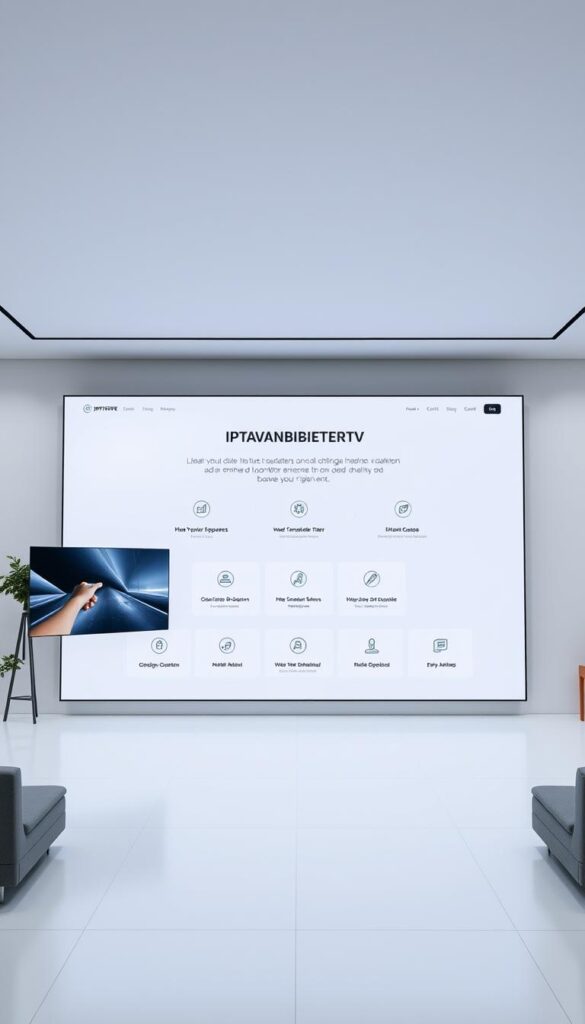 A modern and sleek website interface showcasing the IPTVANBIETERTV brand. A minimalist header with the company logo prominently displayed, leading to a clean and visually appealing layout. The main content area features a series of intuitive menu options, guiding users through the installation and setup process. The interface is bathed in a soft, cool-toned color palette, creating a sense of professionalism and reliability. Subtle details, such as smooth transitions and responsive design, enhance the overall user experience. The entire scene is captured in a wide, cinematic aspect ratio, using a slightly high camera angle to convey a sense of authority and expertise.