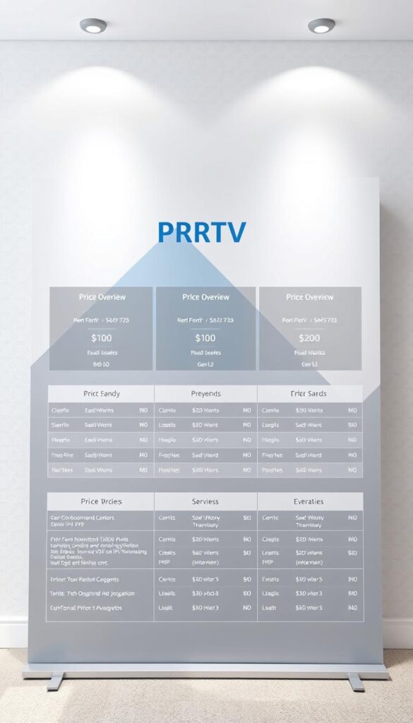 A modern and sophisticated IPTV price overview display, showcasing the various service plans and pricing tiers offered by IPTVANBIETERTV. The layout features a clean, minimalist design with a neutral color palette of grays, whites, and subtle accents of blue. The foreground highlights the key pricing information in a clear, easy-to-read format, with crisp typography and well-organized tabular data. The middle ground provides visual interest through abstract geometric shapes and light gradients, creating a sense of depth and visual balance. The background features a subtle textured pattern, adding a touch of refinement to the overall composition. The lighting is soft and diffused, creating a pleasant, professional atmosphere. The camera angle is slightly elevated, giving the viewer a comprehensive overview of the pricing information.