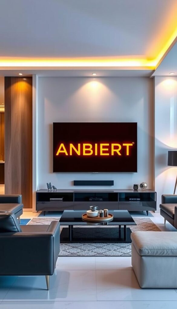 A modern and stylish apartment interior with a large TV screen displaying the brand name "IPTVANBIETERTV" in bold, vibrant text. The room is well-lit with a mix of natural and artificial lighting, creating a warm and inviting atmosphere. The TV is the focal point, surrounded by sleek, minimalist furniture and decor. The overall scene conveys a sense of premium quality, reliability, and cutting-edge technology, perfectly suited for the "Leistungsumfang von iptvanbietertv.com" section of the article.