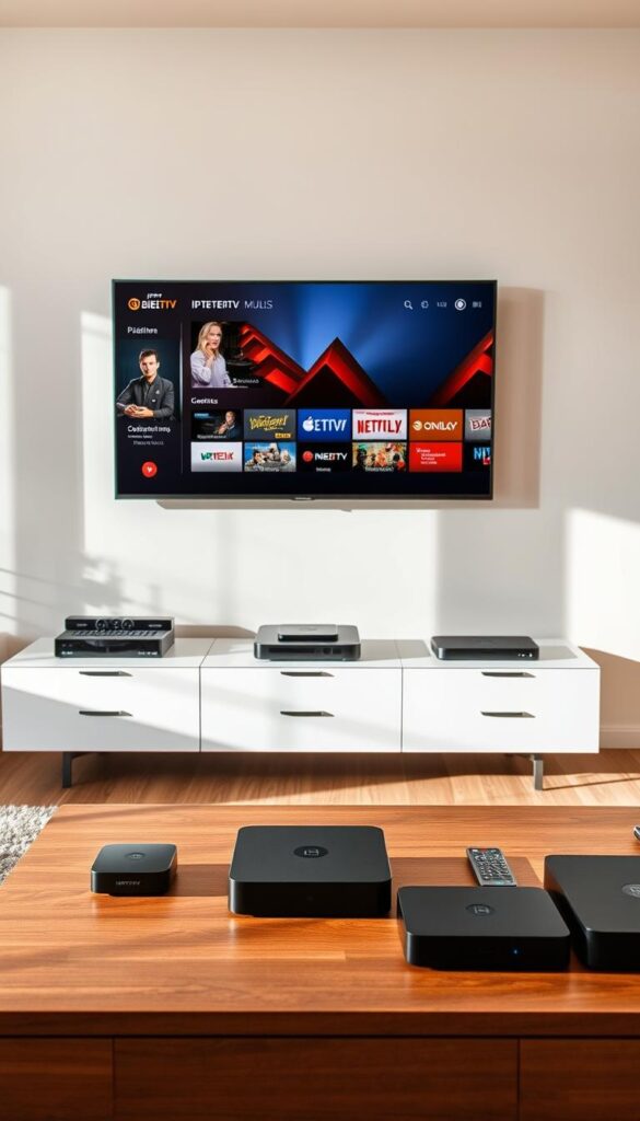 A modern and stylish living room interior with a large flatscreen TV mounted on the wall. On the TV screen, a sleek user interface for the IPTVANBIETERTV streaming service is displayed, showcasing various channels and content available. In the foreground, a high-end media console holds additional streaming devices, all connected and ready to provide a seamless IPTV experience across multiple devices. The room is bathed in warm, natural lighting, creating a cozy and inviting atmosphere. The overall scene conveys the convenience and versatility of IPTV Deutschland, allowing users to enjoy their favorite content on any compatible device in their home.