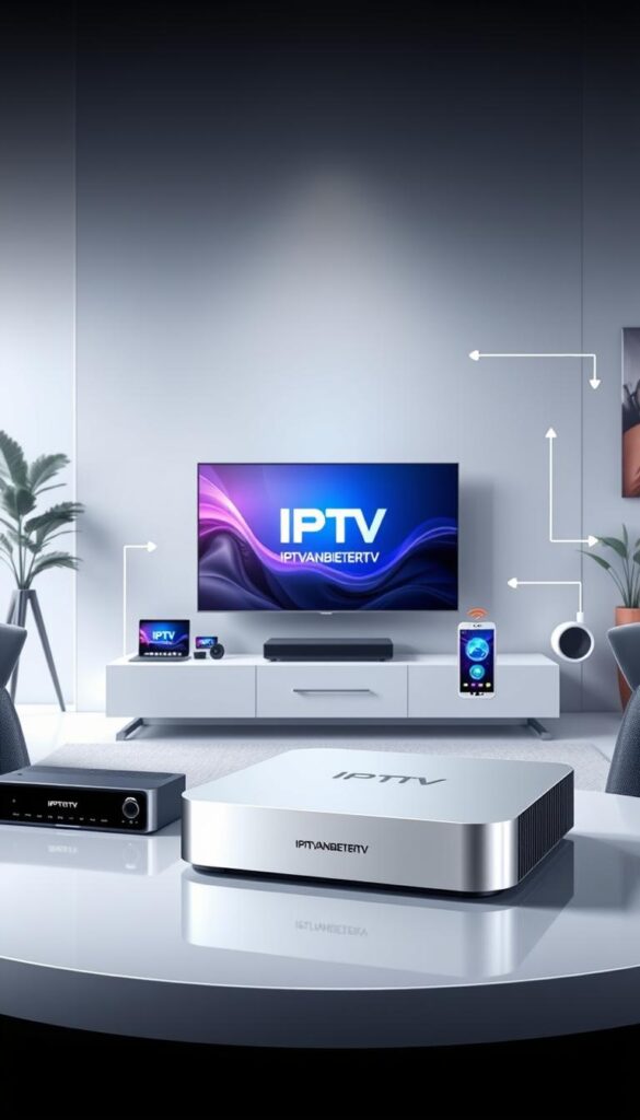 A modern and technical illustration of IPTV technology. The image should depict a sleek, futuristic setup with various interconnected devices, such as a smart TV, streaming box, and mobile devices, all showcasing the IPTVANBIETERTV brand. The foreground should feature the central IPTV device, with its polished, minimalist design and state-of-the-art connectivity options. The middle ground should include the TV and other devices seamlessly integrated, highlighting the seamless user experience. The background should convey a sense of a high-tech, digitally-enhanced living space, with subtle lighting and clean, architectural elements. The overall mood should be one of sophistication, efficiency, and technological advancement, reflecting the capabilities of IPTV technology.