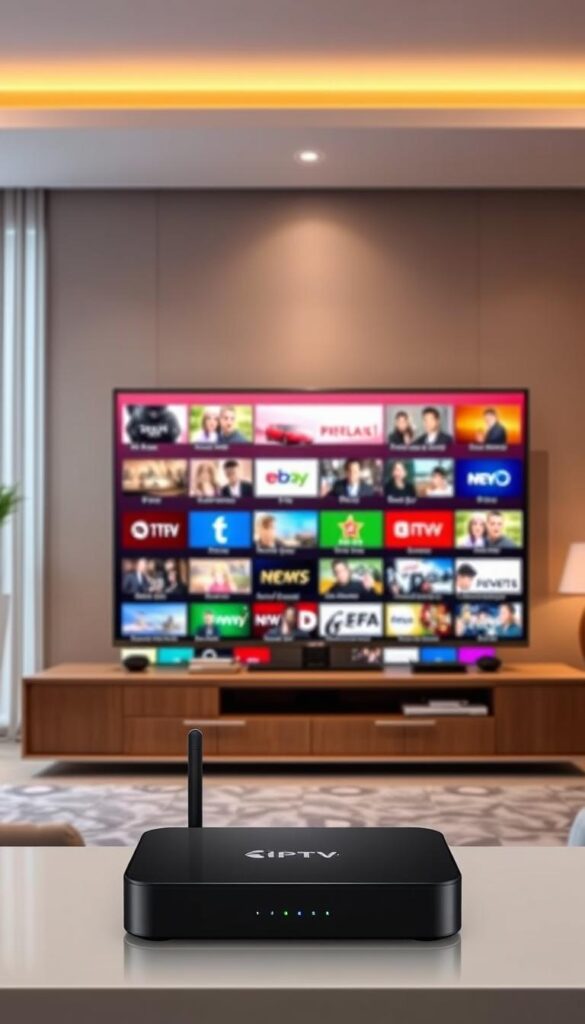 A modern and visually appealing IPTV service. In the foreground, a sleek and minimalist TV device, its elegant design complementing the living room's sophisticated decor. The middle ground features a vibrant and diverse array of TV channels, showcasing the extensive programming available through the IPTVANBIETERTV service. In the background, a serene and cozy living room setting, with warm lighting and neutral tones creating a welcoming atmosphere. The overall image conveys a sense of quality, reliability, and the seamless integration of the IPTV service into the user's daily life.