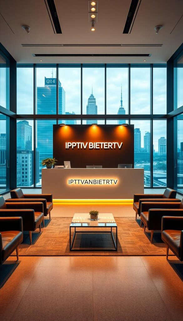A modern and visually striking corporate office interior with large windows and a minimalist design aesthetic. The focal point is a sleek reception desk with the IPTVANBIETERTV logo prominently displayed. In the middle ground, stylish leather chairs and coffee tables create a cozy lounge area. The background features city skyline views, conveying a sense of professionalism and technological prowess. Warm, directional lighting accentuates the clean lines and contemporary materials. The overall mood is one of sophistication, innovation, and industry leadership.