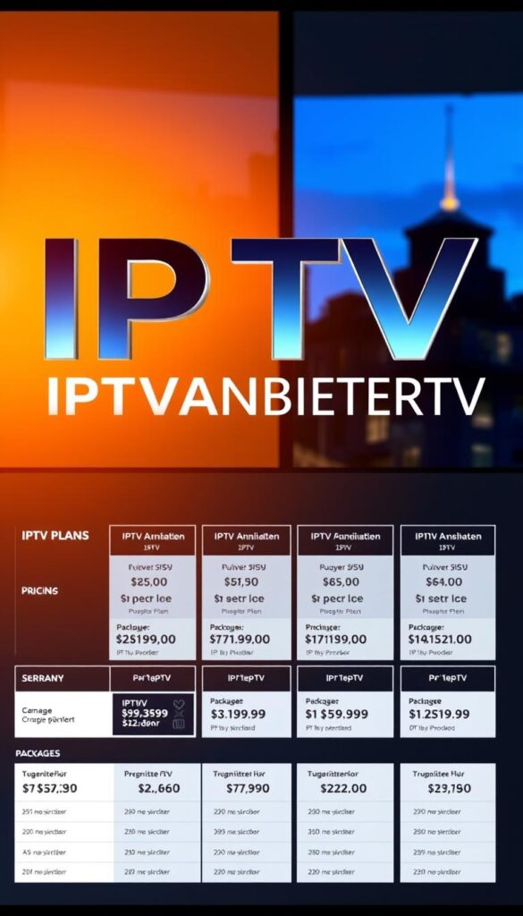 A modern and visually striking image of "IPTV Preise" for an article on IPTV Deutschland. The foreground features the brand name "IPTVANBIETERTV" prominently displayed in a sleek, bold typography, lit by soft, warm lighting that creates depth and dimensionality. The middle ground showcases various IPTV pricing plans and packages, presented in a clean, organized grid layout with clear pricing information. The background depicts a blurred cityscape, hinting at the broader context of IPTV services in Germany. The overall mood is one of professionalism, transparency, and accessibility, reflecting the article's focus on the provider's affordable and straightforward pricing plans.