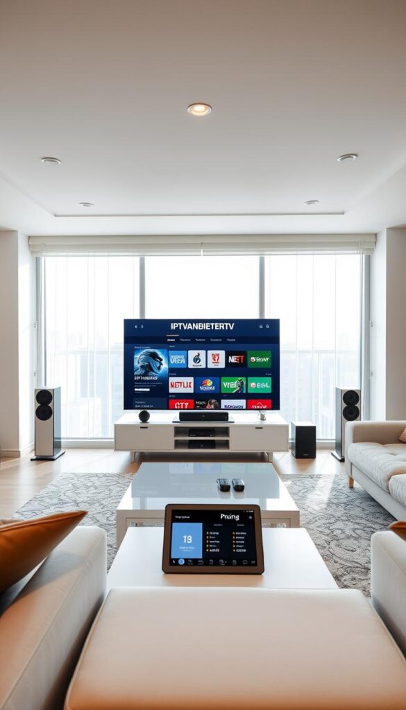 A modern apartment interior with sleek, minimalist furniture and large windows flooding the room with natural light. In the center, a 4K smart TV displaying the IPTVANBIETERTV website, showcasing their affordable IPTV subscription plans and channel offerings. The TV is complemented by a high-end sound system and a minimalist coffee table with a tablet displaying pricing information. The overall atmosphere is one of sophistication and technological savvy, inviting the viewer to consider the convenience and value of IPTV services.