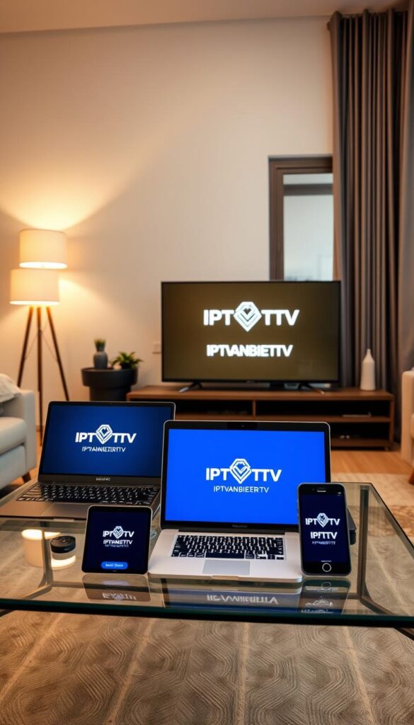 A modern apartment living room with a cozy, inviting atmosphere. Various electronic devices including a smart TV, laptop, tablet, and smartphone are arranged on a glass coffee table. The devices are displaying the IPTVANBIETERTV logo and interface, showcasing the seamless multi-device experience of IPTV. Soft, warm lighting from floor lamps and a large window illuminates the scene. The overall composition emphasizes the convenience and versatility of IPTV across a range of devices in a comfortable, contemporary setting.