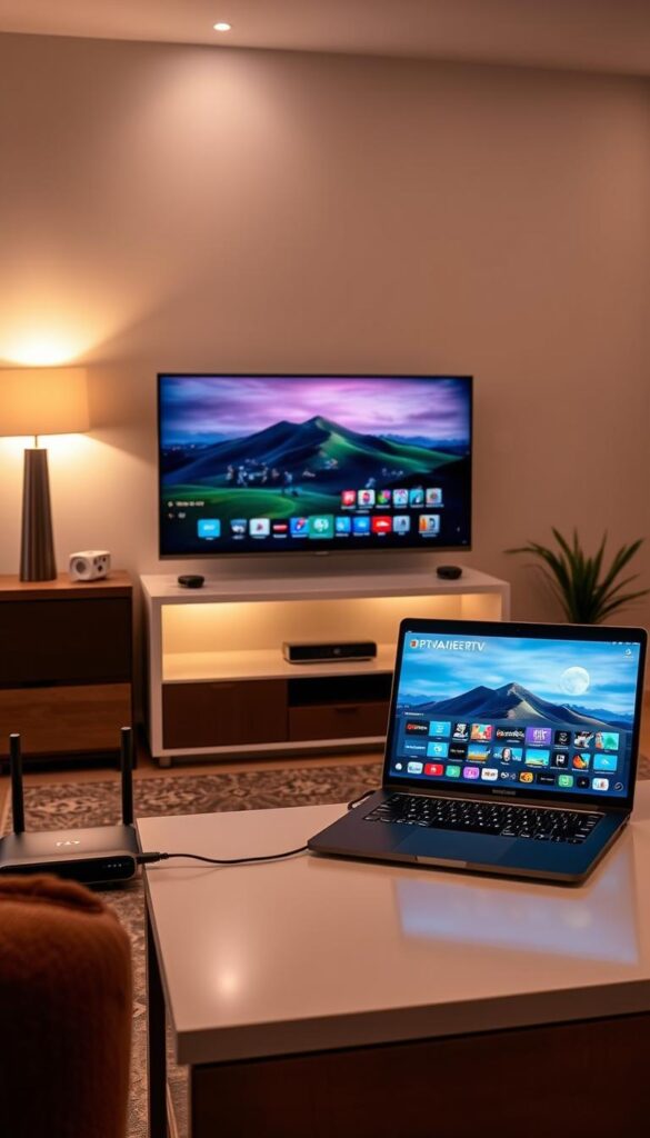 A modern apartment living room with a sleek TV stand displaying the IPTVANBIETERTV brand. Warm ambient lighting casts a soft glow, as a laptop is connected to a high-speed internet router. On the TV screen, a vibrant landscape unfolds, showcasing the diverse channels and content available through the IPTV streaming service. The room's contemporary furnishings and minimalist design create a cozy, technology-driven atmosphere, reflecting the convenience and accessibility of IPTV with a VPN connection.