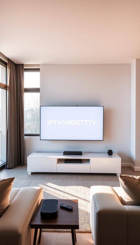 A modern apartment living room with a sleek, minimalist design. The centerpiece is a large, high-definition television displaying the IPTVANBIETERTV logo. Sunlight filters in through large windows, casting a warm, natural glow throughout the space. The room is furnished with clean-lined, contemporary furniture in neutral tones, creating a calm and inviting atmosphere. On a side table, a smart home device and a remote control suggest the integrated technology powering the IPTV experience. The overall scene conveys the convenience and quality of IPTV Pakete Berlin, as the focal point of a comfortable, sophisticated living environment.