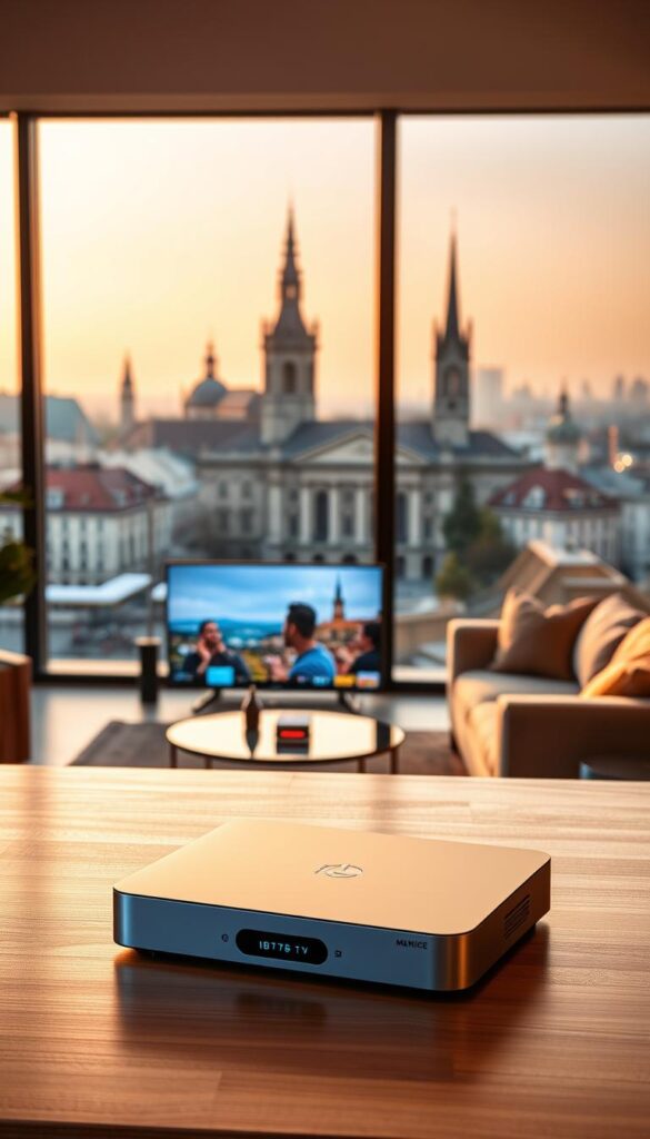 A modern cityscape of Munich, Germany, bathed in warm, golden evening light. In the foreground, a sleek, minimalist IPTVANBIETERTV set-top box rests on a polished wooden surface, its crisp display showcasing vibrant, high-definition content. The middle ground features a cozy living room with plush furniture and large windows overlooking the iconic architecture of the city. In the background, the skyline of Munich rises, with the famous Frauenkirche cathedral and other landmarks visible against a soft, hazy sky. The overall scene conveys the convenience and immersive experience of IPTV streaming in the heart of this dynamic European city.