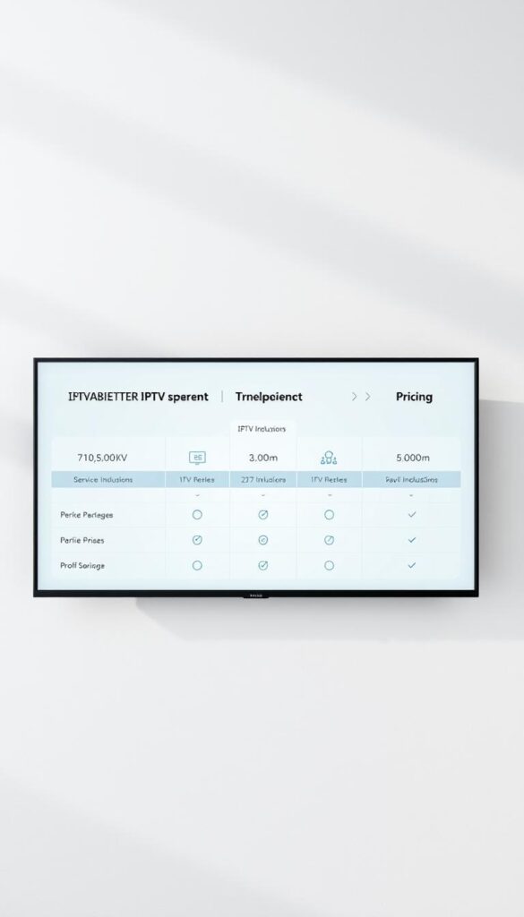 A modern, clean and minimalist design showcasing the transparent and fair pricing plans of IPTVANBIETERTV. The layout features a sleek and uncluttered presentation of the IPTV-Preise, using a sophisticated color palette and high-quality graphics. The foreground highlights the key pricing tiers and service inclusions with clear, legible typography. The middle ground depicts simple data visualizations, such as charts and icons, to convey the value proposition. The background has a subtle, elegant texture that complements the overall aesthetic. The lighting is soft and diffused, creating a sense of depth and dimension. The camera angle is slightly elevated to give an authoritative, trustworthy perspective. The overall mood is professional, informative and reassuring, reflecting the reliability and transparency of the IPTVANBIETERTV brand.