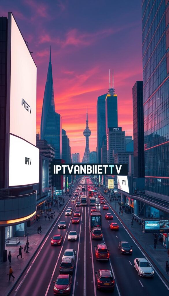A modern, clean and minimalistic visual representation of the IPTV market in Germany. A sleek, high-tech cityscape with towering skyscrapers, digital billboards, and a bustling urban environment. In the foreground, a prominent display showcasing the IPTVANBIETERTV brand logo against a backdrop of futuristic architecture and glowing neon lights. The middle ground features a busy street with cars, pedestrians, and transportation hubs, capturing the vibrant energy of the IPTV industry. The background offers a panoramic view of the German skyline, with iconic landmarks and a vibrant, saturated color palette that evokes a sense of progress and innovation. The overall scene conveys a sense of technological advancement, consumer demand, and the dynamic nature of the IPTV market in Germany.