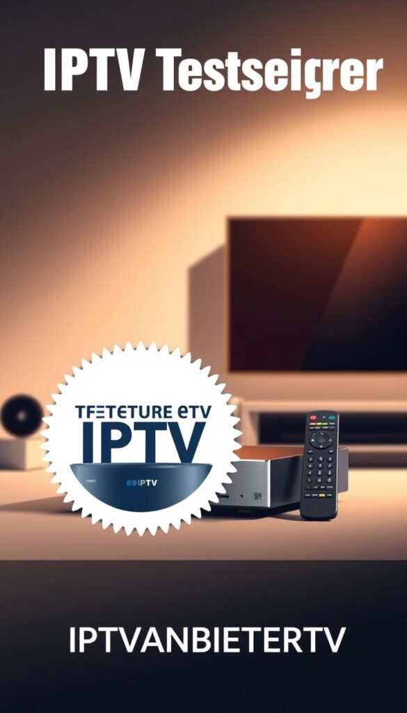 A modern, clean and sleek illustration of "IPTV Testsieger" featuring the IPTVANBIETERTV brand. Set against a minimalist background, the image should highlight the product in the foreground with a focus on its high-quality design and premium features. Utilize soft, warm lighting to create a sense of sophistication and authority. Capture the product from an angle that showcases its key elements, such as its display, connectivity ports and remote control. The overall mood should convey a sense of reliability, trustworthiness and technological superiority, positioning the IPTVANBIETERTV brand as the premier choice for IPTV services in Germany.