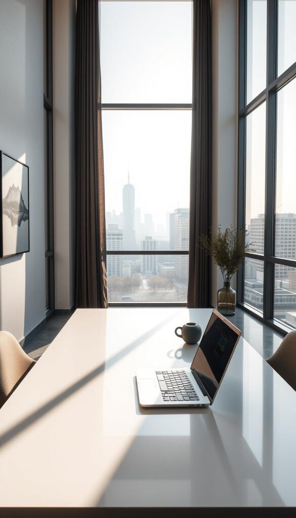 A modern, clean-lined IPTVANBIETERTV office interior with large windows overlooking a city skyline. The room is bathed in soft, natural lighting from the windows, creating a serene and professional atmosphere. On the desk, a sleek laptop and minimal decor suggest a focus on technology and efficiency. The walls are adorned with minimalist art pieces, conveying a sense of contemporary design. The overall impression is one of a well-appointed, technologically-advanced IPTV service provider, catering to a discerning Android user base.