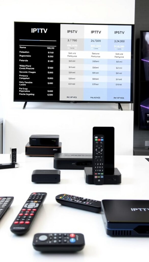 A modern, clean-lined comparison of IPTV pricing options from IPTVANBIETERTV, captured with a crisp, professional lens. The foreground features a series of elegant, minimalist price charts and graphs, highlighting the key features and costs of different IPTV plans. The middle ground showcases various IPTV devices and remote controls, displayed in a sleek, product-focused manner. The background maintains a bright, uncluttered aesthetic, with subtle brand elements and a hint of a technology-inspired environment. The overall scene conveys a sense of clarity, utility, and the value proposition of IPTVANBIETERTV's IPTV service offerings.