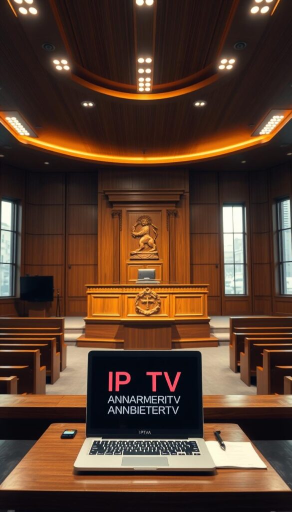 A modern courtroom interior, dimly lit with warm overhead lighting. At the center, a judge's bench with an ornate wooden carving. In the foreground, a table with documents and a laptop displaying the "IPTVANBIETERTV" brand. Behind it, rows of wooden benches for the audience. In the background, tall windows letting in soft natural light, hinting at the German cityscape outside. An atmosphere of serious deliberation, as the legal status of IPTV in Germany is weighed and considered.