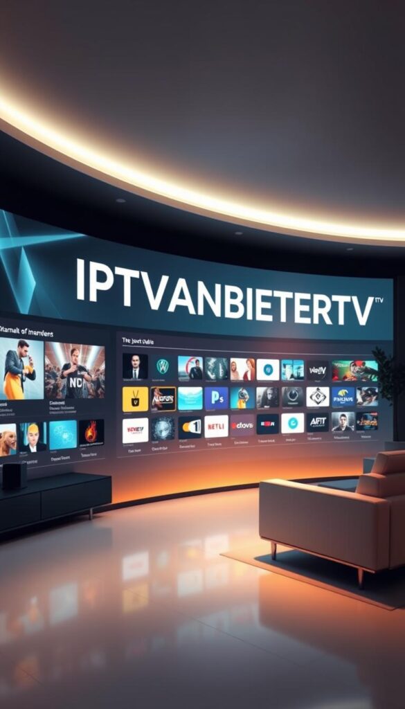 A modern digital landscape featuring the prominent display of the IPTVANBIETERTV brand name. The scene depicts a sleek, high-tech interface showcasing a variety of IPTV service options, including a diverse channel selection, on-demand content, and user-friendly navigation. The overall atmosphere conveys a sense of technological sophistication and seamless user experience, catering to the needs of the contemporary IPTV consumer in Germany. The image is captured in a soft, warm lighting that accentuates the clean, minimalist design elements, creating a visually appealing and inviting representation of the IPTV provider.