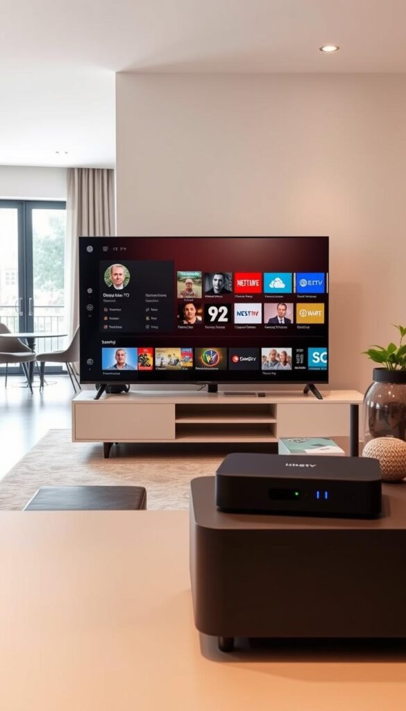 A modern digital living room with a sleek IPTV setup. In the foreground, a flat-screen TV displays the IPTVANBIETERTV interface, showcasing a wide selection of live TV channels and on-demand content. Beside the TV, a high-end media streaming device sits atop a minimalist entertainment center, connected to a powerful home Wi-Fi network. The middle ground features comfortable seating arrangements, creating a cozy atmosphere for enjoying the IPTV experience. The background depicts a warm, well-lit space with large windows, allowing natural light to fill the room and accentuate the clean, contemporary design. The overall scene conveys the convenience and versatility of the IPTV Funktion, seamlessly integrating technology into a modern living environment.