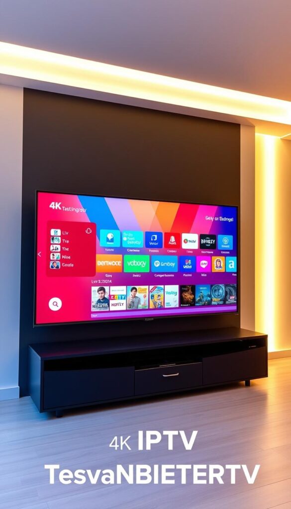 A modern digital media hub showcasing the free IPTV Testangebot from IPTVANBIETERTV. A sleek, minimalist design with a large 4K display showcasing a vibrant, colorful interface. The hub is situated in a well-lit, contemporary interior with warm lighting and clean lines. The display presents a variety of live TV channels, on-demand content, and streaming services, enticing the viewer to explore the full capabilities of the IPTV platform. The overall scene conveys a sense of technological sophistication and the promise of limitless entertainment options during the complimentary trial period.