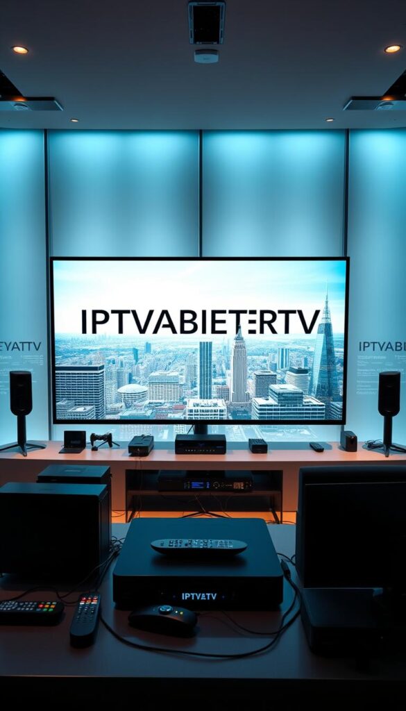 A modern digital television studio with sleek, minimalist design. A large, ultra-high-definition screen dominates the foreground, displaying the IPTVANBIETERTV brand name in bold, clean typography. The middle ground features various streaming devices, remote controls, and networking equipment, all in a harmonious, tech-forward arrangement. The background showcases a panoramic cityscape of contemporary German architecture, bathed in soft, diffused lighting that creates a sense of sophistication and professionalism. The overall atmosphere conveys the cutting-edge nature of the IPTV service, positioned as a premier provider in the German market.